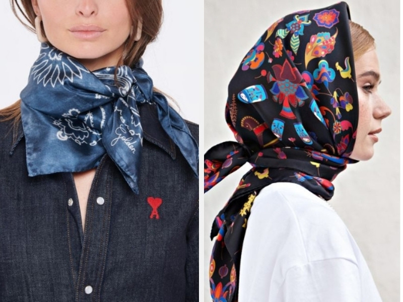 Cách thắt khăn vuông một nút phong cách cùng áo sơ mi