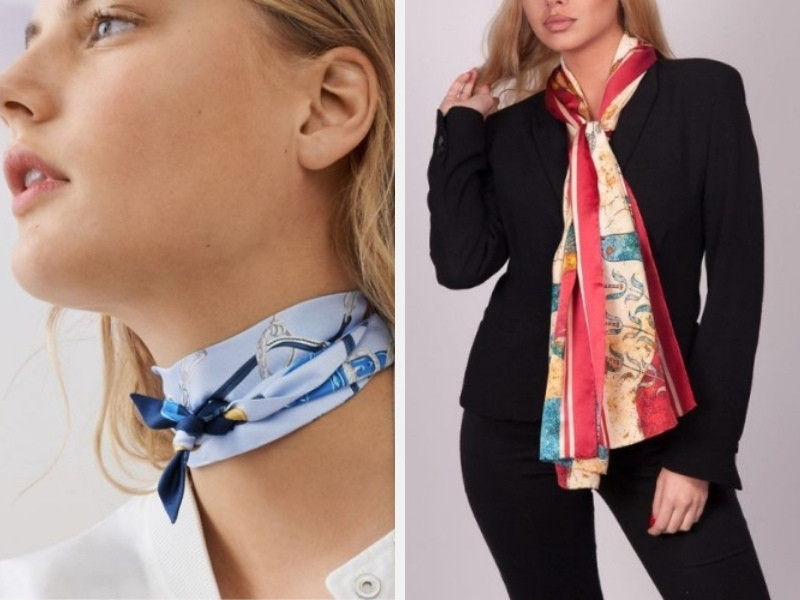 Kiểu thắt khăn vuông cổ điển khi phối với áo sơ mi